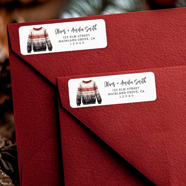 Christmas Jumper Return Label (Bold & festive 🎄 Send your holiday cheer with this chic black and red sweater label.)