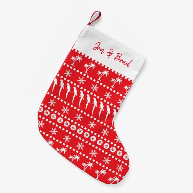 Christmas Jumper Style Parrots and Palm Trees Red Small Christmas Stocking (Front (Hanging))