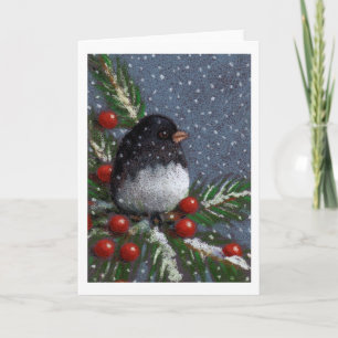 Christmas Junco Bird, Colour Pencil: Berries, Snow Holiday Card