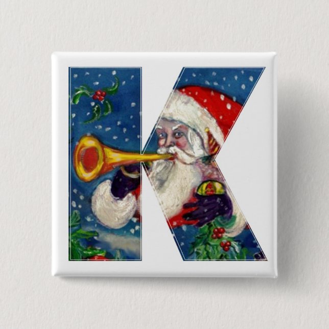 CHRISTMAS K LETTER / SANTA BUGLER MONOGRAM 15 CM SQUARE BADGE (Front)