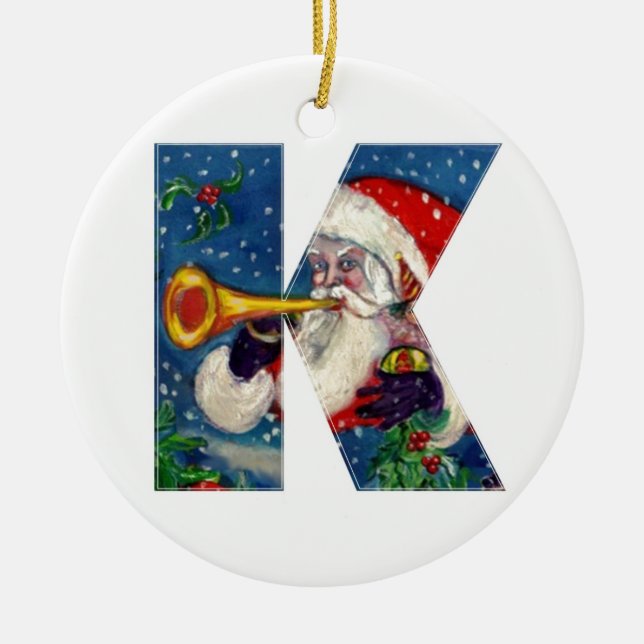 CHRISTMAS K LETTER / SANTA CLAUS BUGLER MONOGRAM CERAMIC TREE DECORATION (Front)