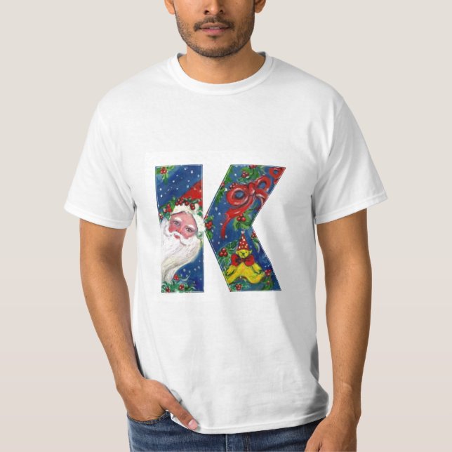 CHRISTMAS K LETTER / SANTA CLAUS WITH RED RIBBON T-Shirt (Front)