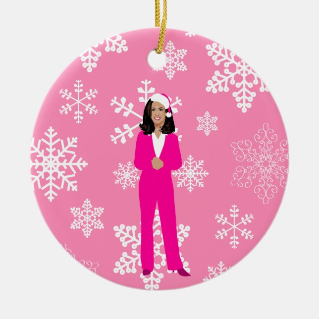 christmas kamala harris santa icy pink ceramic tree decoration (Front)
