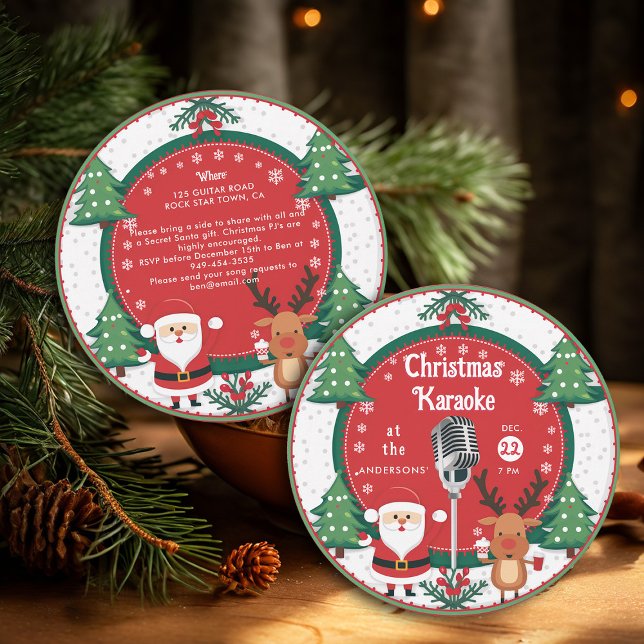 Christmas Karaoke Santa Reindeer Vinyl Record Invitation (christmas party invitation karaoke family office vintage retro nostalgia vinyl record santa reindeer)