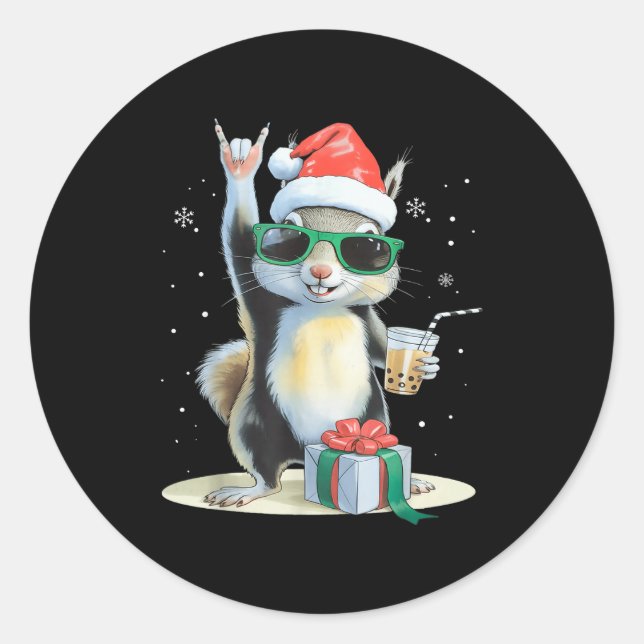 Christmas Kawaii Squirrel Bubble Tea Boba Squirrel Classic Round Sticker (Front)