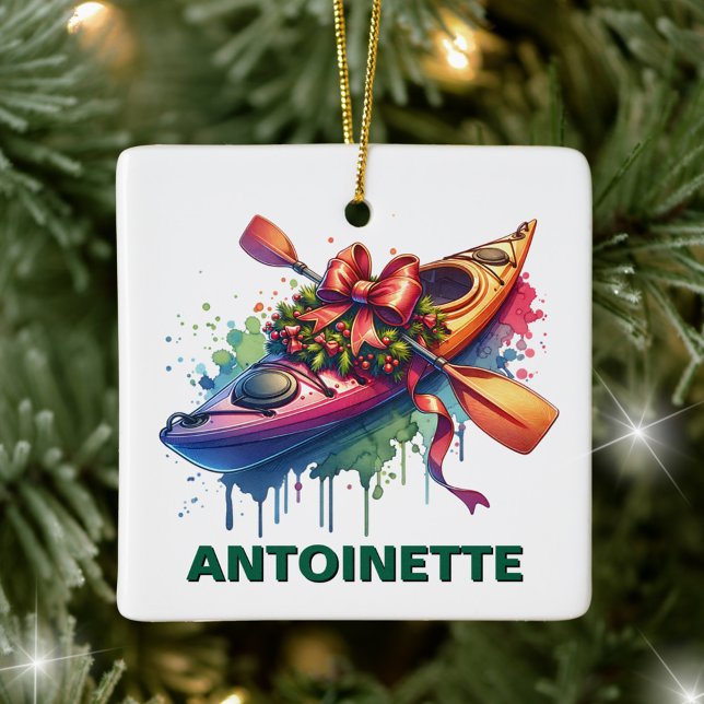 Christmas Kayak Custom Name Ceramic Ornament (Creator Uploaded)