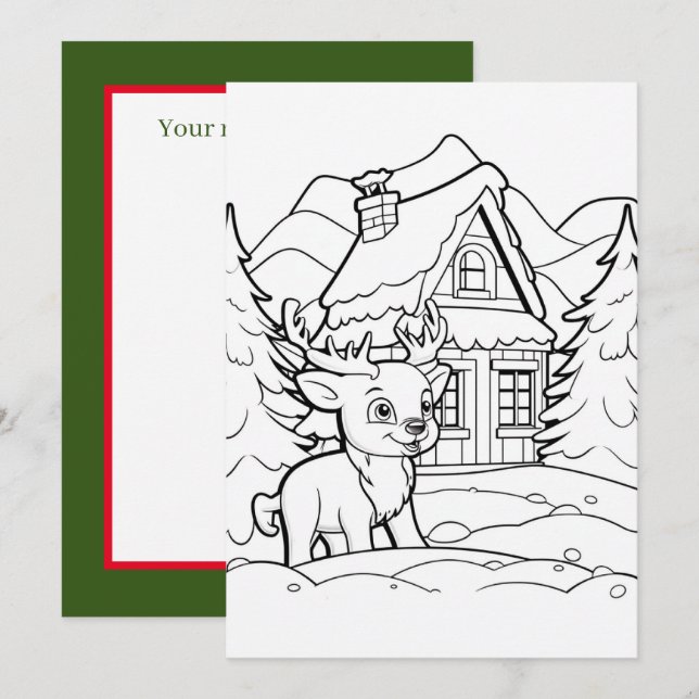 Christmas kids colouring reindeer holiday card (Front/Back)