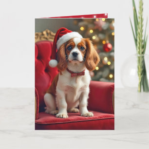 Christmas King Charles Spaniel On a Red Chair Holiday Card