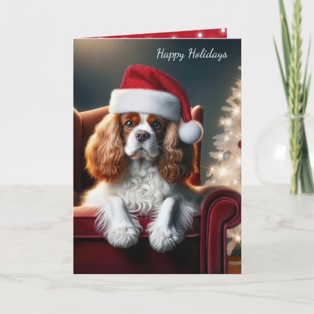 Christmas King Charles Spaniel On a Red Chair Holiday Card (Front)