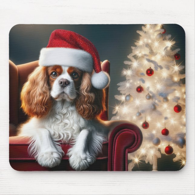 Christmas King Charles Spaniel On a Red Chair Mouse Mat (Front)