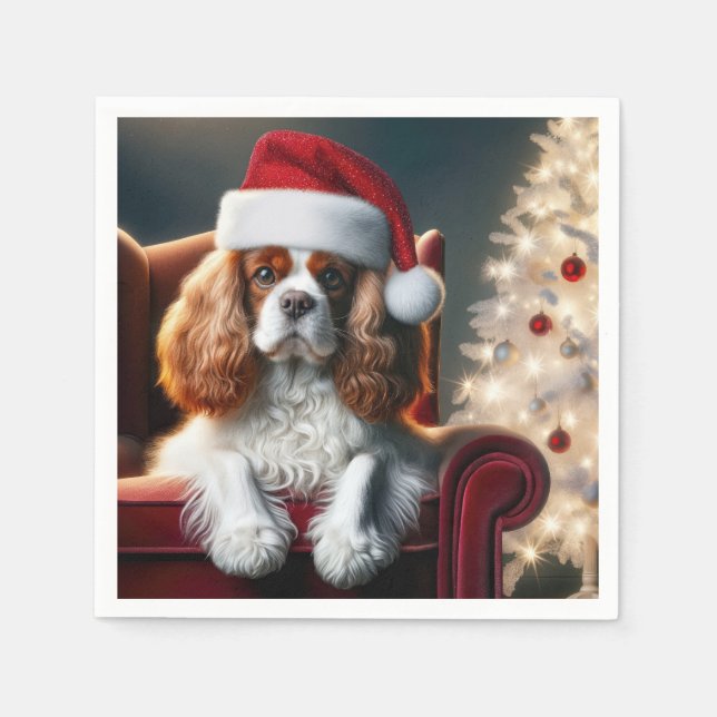 Christmas King Charles Spaniel On a Red Chair Napkin (Front)