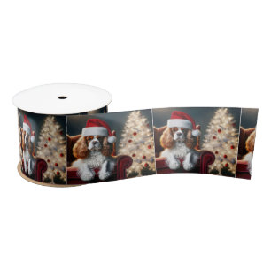 Christmas King Charles Spaniel On a Red Chair Satin Ribbon