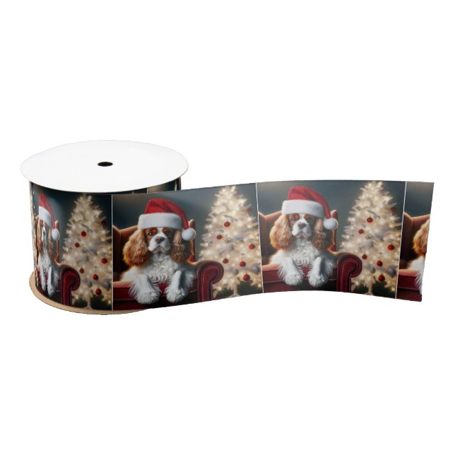Christmas King Charles Spaniel On a Red Chair Satin Ribbon (Spool)