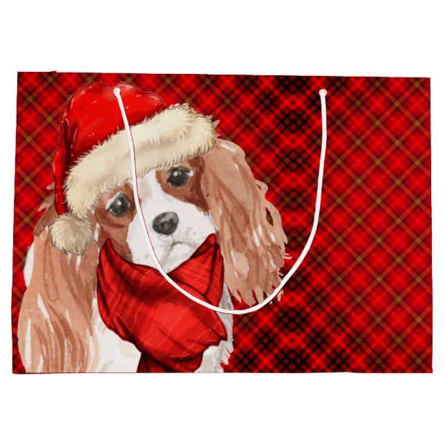 Christmas King Charles Terrier Dog and Red Plaid Large Gift Bag (Back)