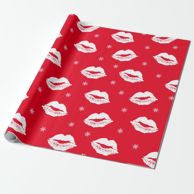 Christmas Kiss Red White Lips Pattern Wrapping Paper (Unrolled)