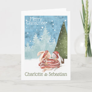 Christmas Kissing Bunny Rabbits In Winter Sweater Card