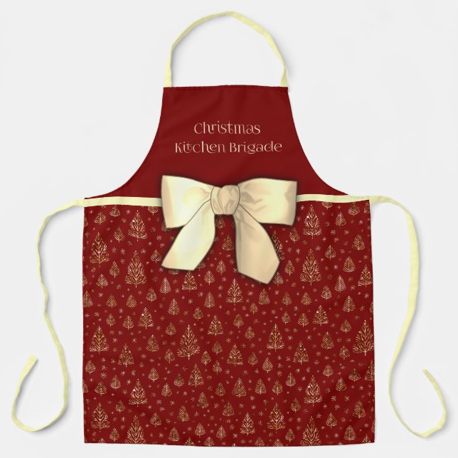 Christmas kitchen brigade bow little pine trees apron (Front)