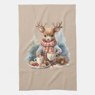 Christmas kitchen towel deer illustration rustic