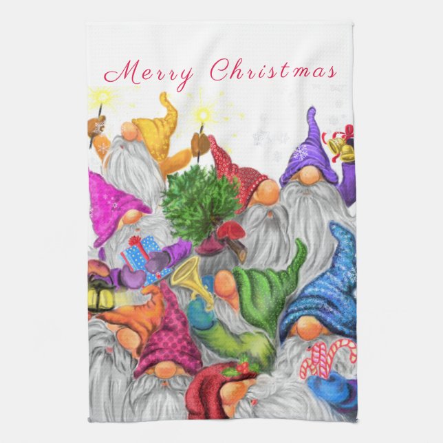 Christmas Kitchen Towel Happy Gnomes Party (Vertical)