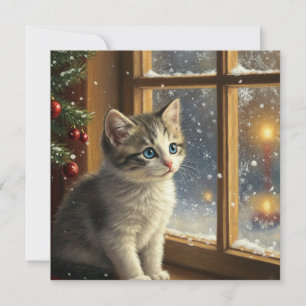 Christmas Kitten at the Window  Holiday Card