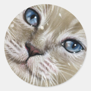 Christmas Kitten CAT  face Snow SITCKERS Classic Round Sticker