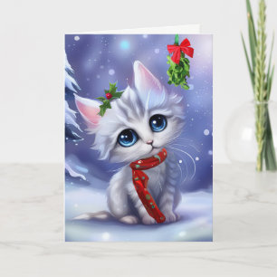 Christmas Kitten Cat Holiday Cute with Mistletoe Card