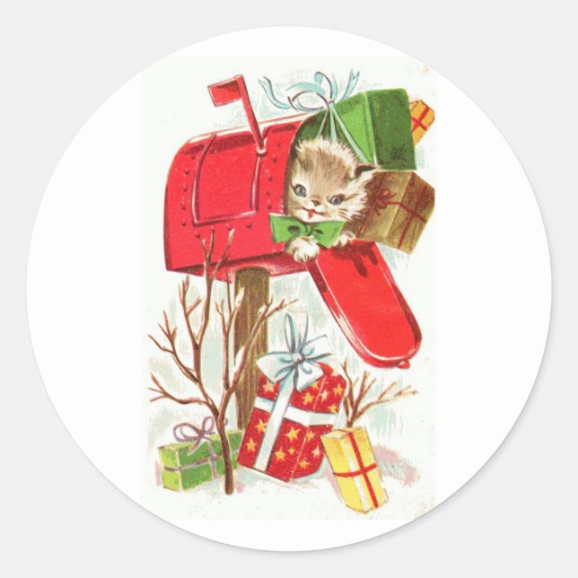 Christmas Kitten in a Red Mailbox Design Classic Round Sticker (Front)