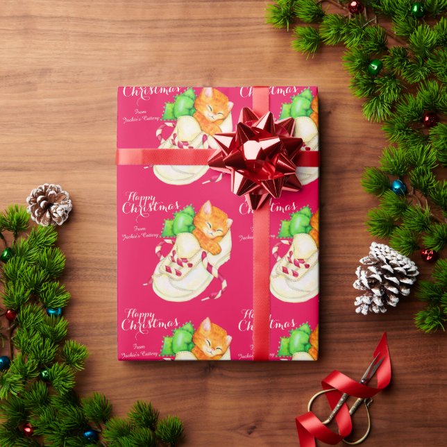 Christmas kitten in a shoe green bow holiday wrap wrapping paper (Holiday Gift)