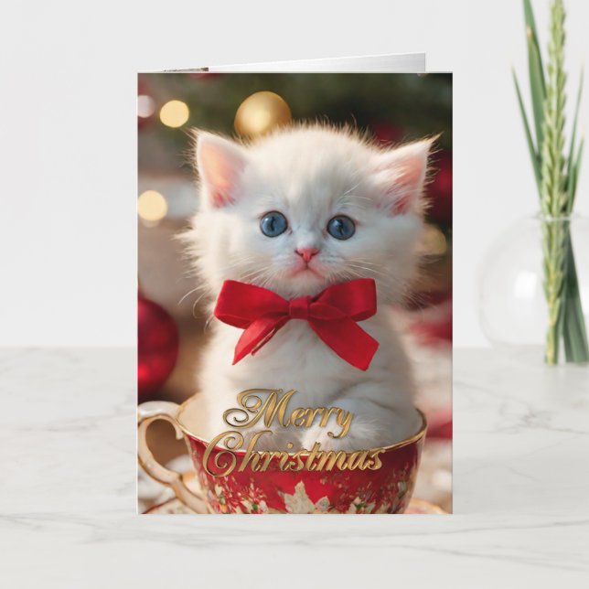 Christmas Kitten in a tea cup holiday card (Front)