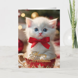 Christmas Kitten in a tea cup holiday card