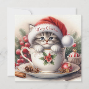 Christmas Kitten in a Teacup  Holiday Card