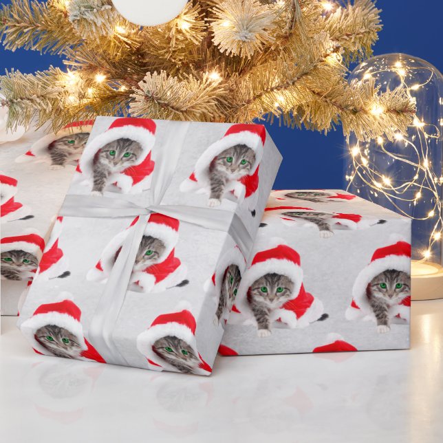 Christmas Kitten In Hat On Grey Wrapping Paper (Holidays)