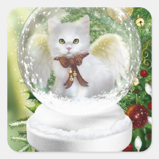 Christmas Kitten In Snow Globe Square Sticker (Front)