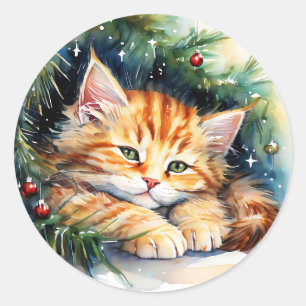 Christmas Kitten Napping under the Tree Classic Round Sticker