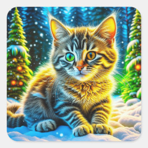Christmas Kitten Playing in the Snow Square Sticker