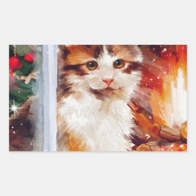 Christmas Kitten Rectangular Sticker (Front)