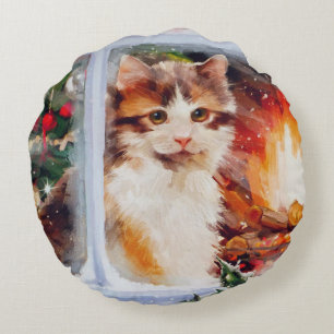 Christmas Kitten Round Cushion