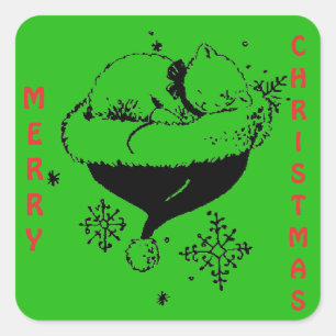 Christmas Kitten Sleeping in Santa's Hat BW Design Square Sticker