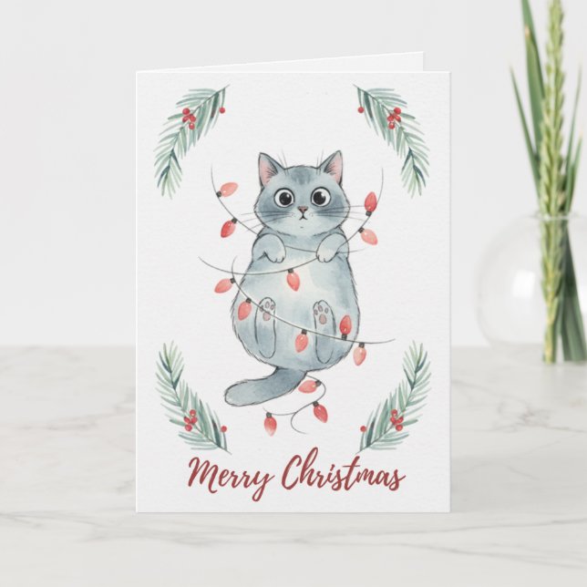 Christmas Kitten Tangled in Lights Card (Front)