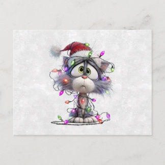 Christmas Kitten tangled in Lights Holiday Postcard
