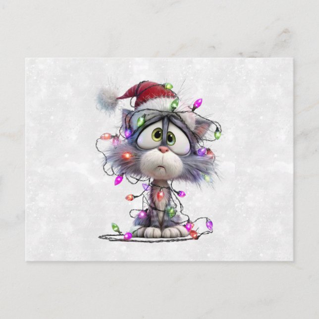 Christmas Kitten tangled in Lights Holiday Postcard (Front)