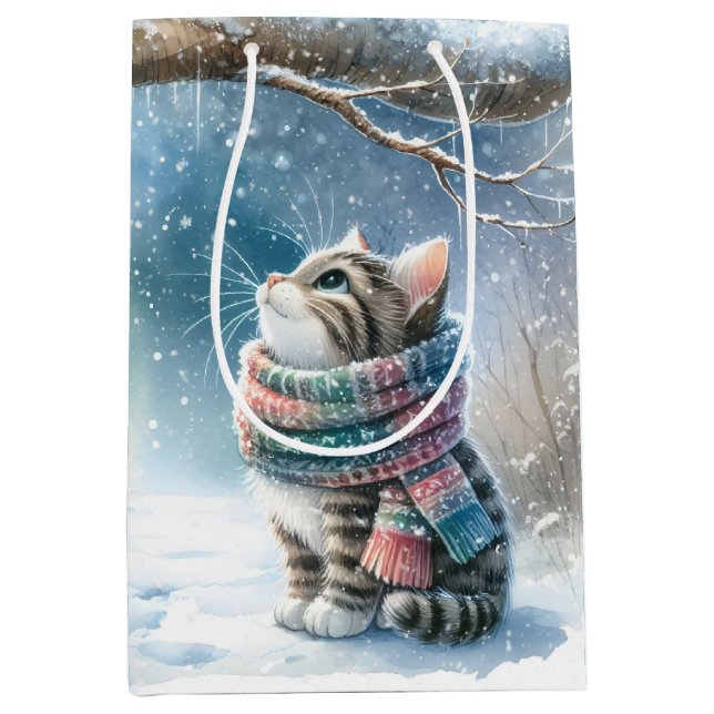 Christmas Kitten Wearing a Winter Scarf Medium Gift Bag (Front)