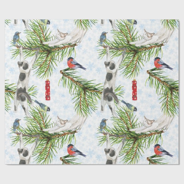 Christmas kitten with Birds Wrapping Paper (Flat)