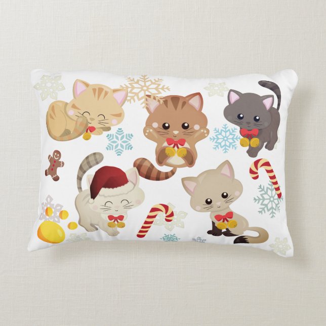 Christmas Kittens and Snowflakes Pattern Holiday Decorative Cushion (Back)