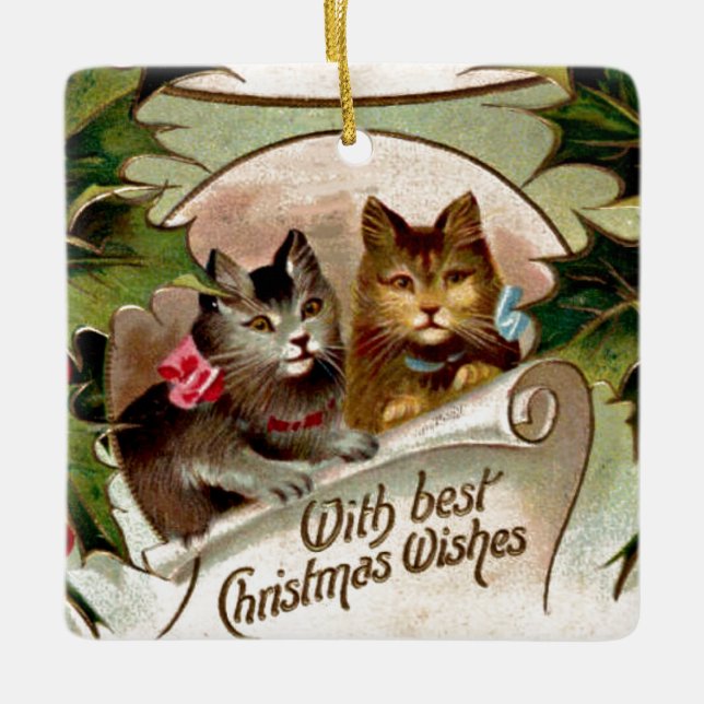 Christmas Kittens - Vintage Christmas Design Ceramic Ornament (Front)