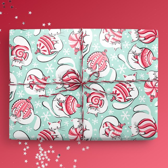 Christmas Kittens with Peppermint Candy Baubles Wrapping Paper (Kittens with Peppermint Candy Baubles Gift Mockup)