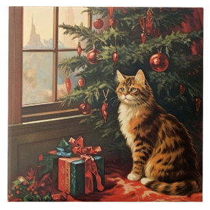 Christmas Kitty at the Window Tile