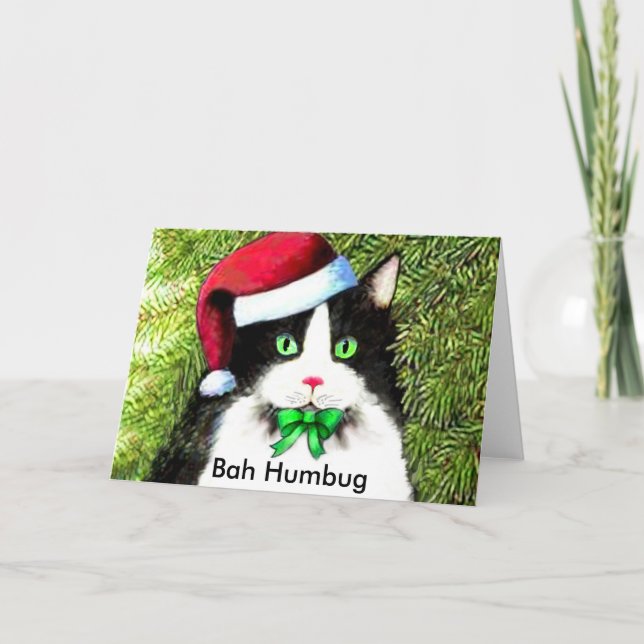 Christmas Kitty Cat Bah Humbug Greetings Holiday Card (Front)