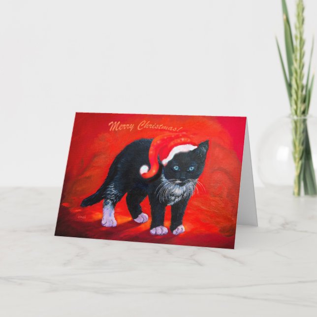 Christmas kitty cat black and white on red holiday card (Front)