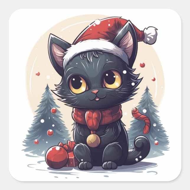 Christmas Kitty in a Winter Wonderland Square Sticker (Front)